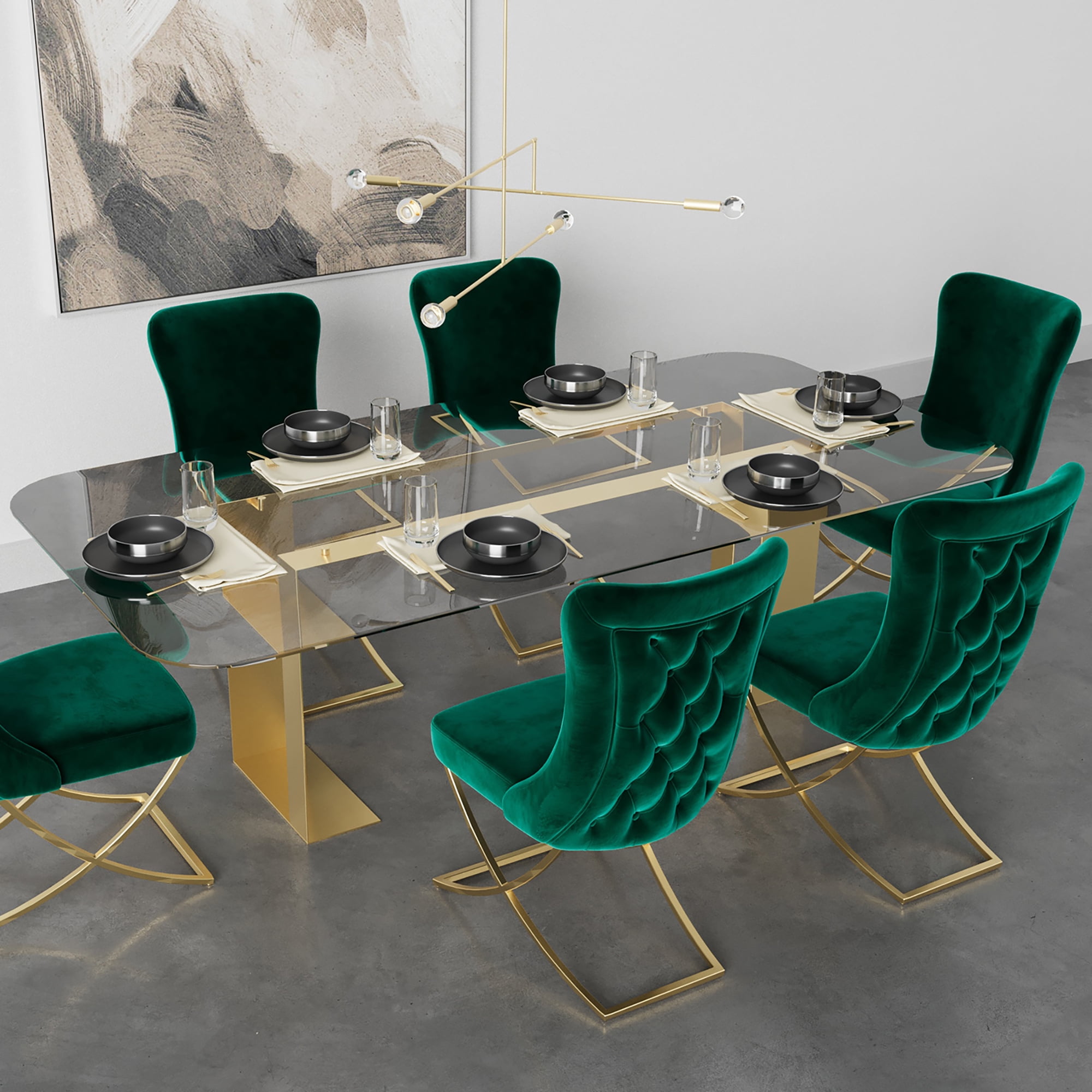 Ottomanson Imperial Upholstered Modern Gold Legged Dining Chair, Set of 2, Green