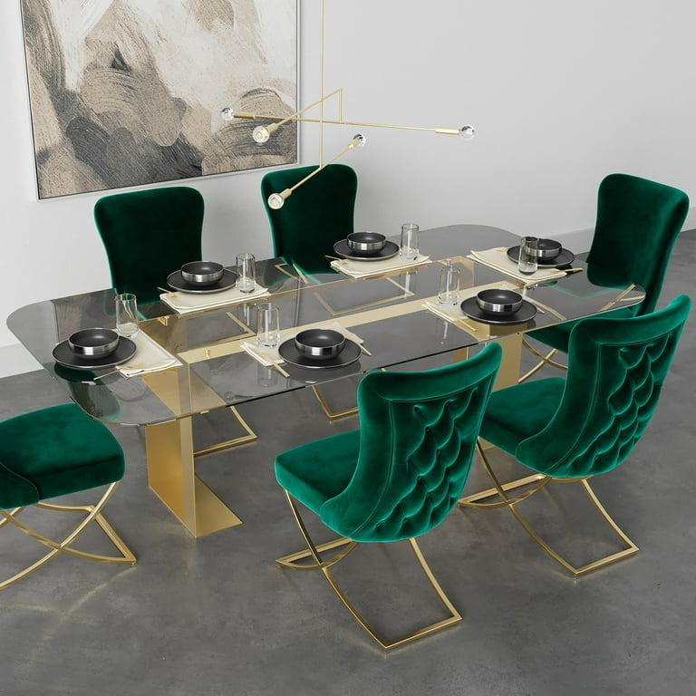 Ottomanson Imperial Upholstered Modern Gold Legged Dining Chair, Set of 2,  Green 