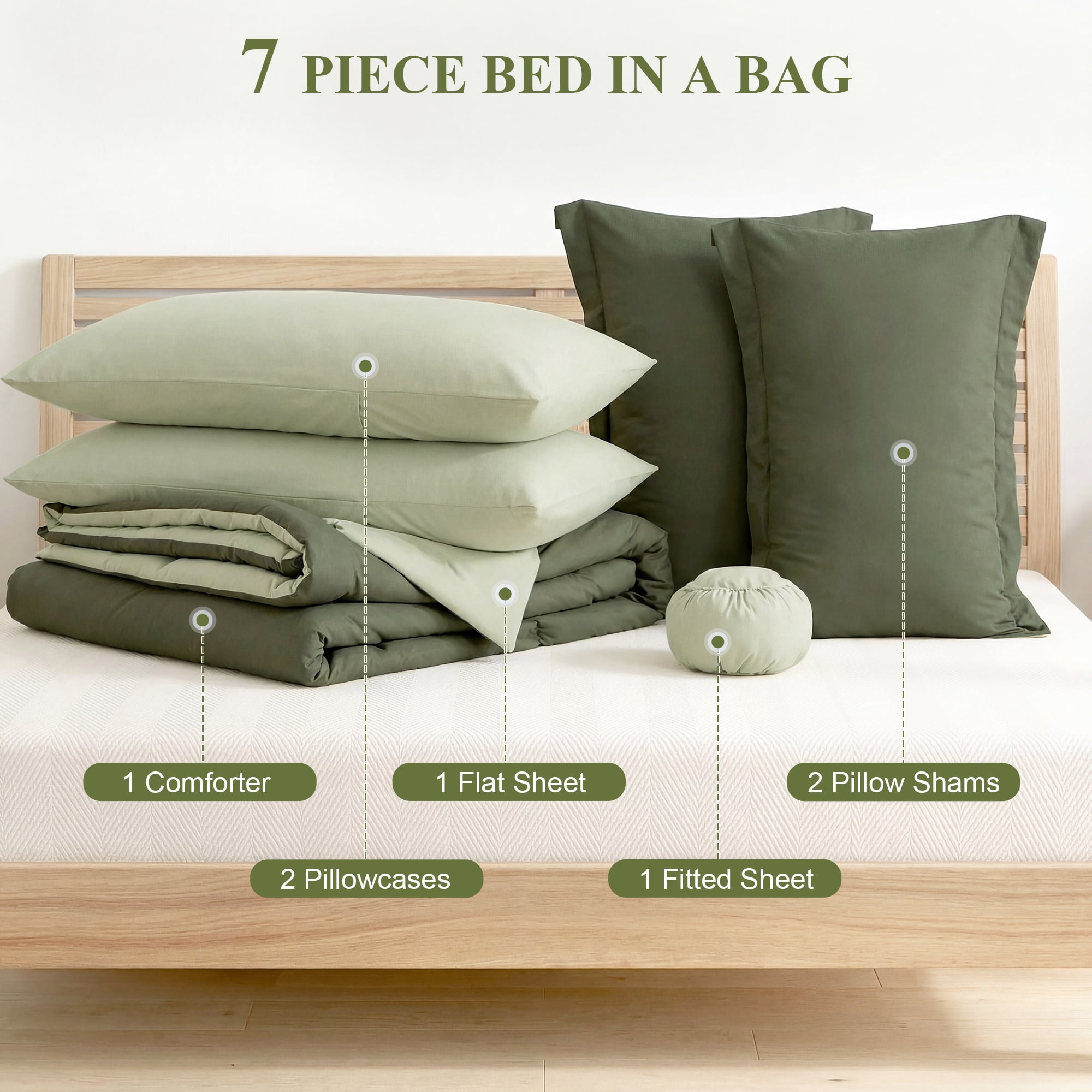 BDEUS 7 Pieces Comforter Set Queen，Bed in A bag，All Seasons Bedding sets with Comforter,Fitted Sheet,Flat Sheet,Pillowcases & Shames，Olive green