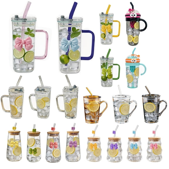 FastXmas 400ml Square Glass Cups with Lids and Straws, Cold Drinking Glass Tumbler with Handle Bow Knot Transparent Glass Cup for Water,Juice,Iced Coffee,Milk,Tea,for Office Home