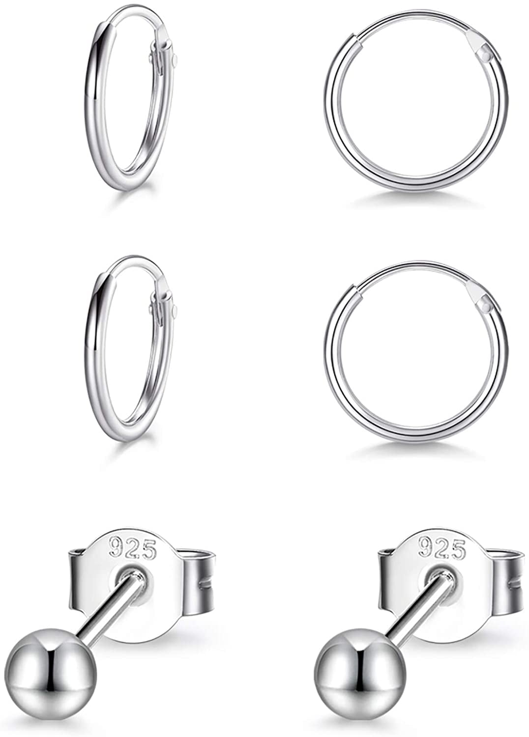 Sterling Silver Stud Earrings for Girls Women 3Pairs Ball Stud Earrings Set Hypoallergenic CZ Star Earring Set for Teenager Girls 