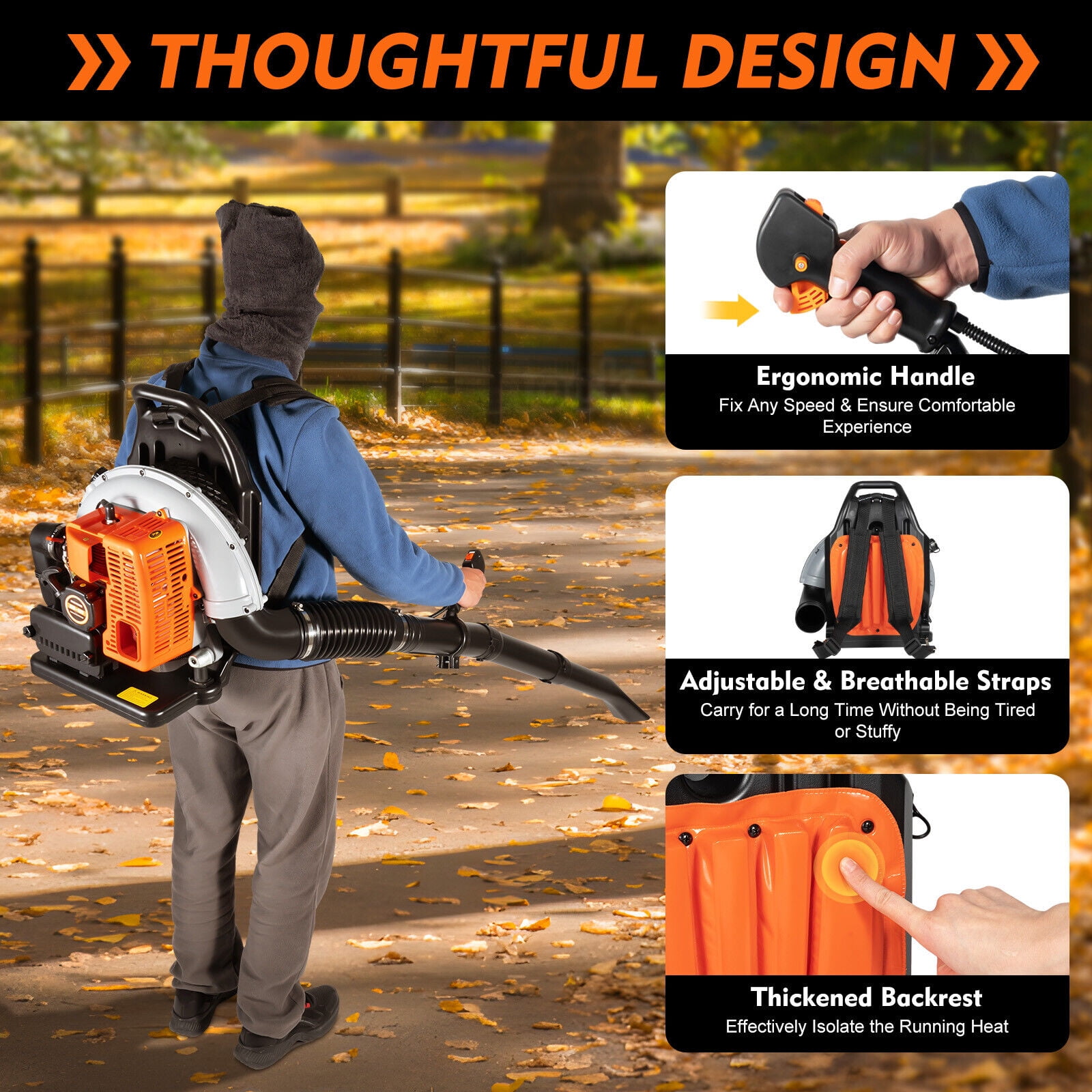 63CC 2-Stroke 2.7KW Backpack Leaf Blower, 6800r/min, Speed Adjustable, 4.3HP Gas Powered Leaf Blower for Commercial Use