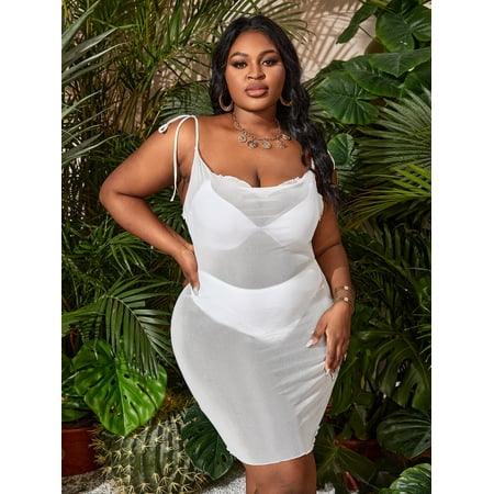 

Women s Plus Knot Detail Backless Semi Sheer Mesh Cami Dress Without Lingerie Set 2022 White Sexy A044W