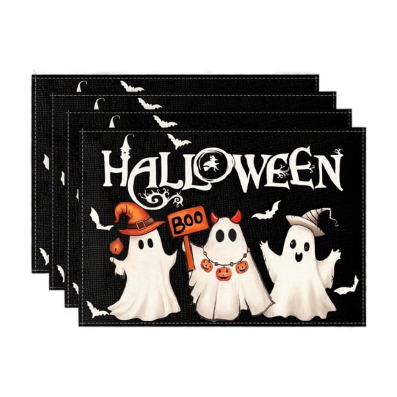 18x12 inch Halloween Linen Placemat, Ghost Print Stain-Resistant Heat-Insulated Table Mat, Washable Decorative Dining Pad for Home Kitchen Party Setting