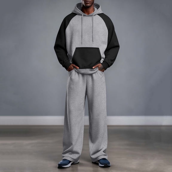 Maqroz Mens Sweatsuits 2 Piece Set Lightweight Tracksuit Long Sleeve Drawstring Hooded Sweatshirt and Wide Leg Sweatpant Breathable Lightweight Sport Wear
