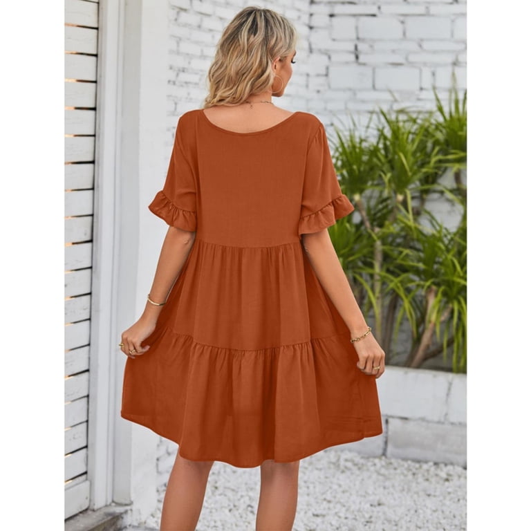 Lisingtool Plus Size Dress Ladies Summer Casual V Neck Layered Ruffle Hem Pocket A Line Mini Swing Beach Short Sleeve Dress Womens Dresses Orange