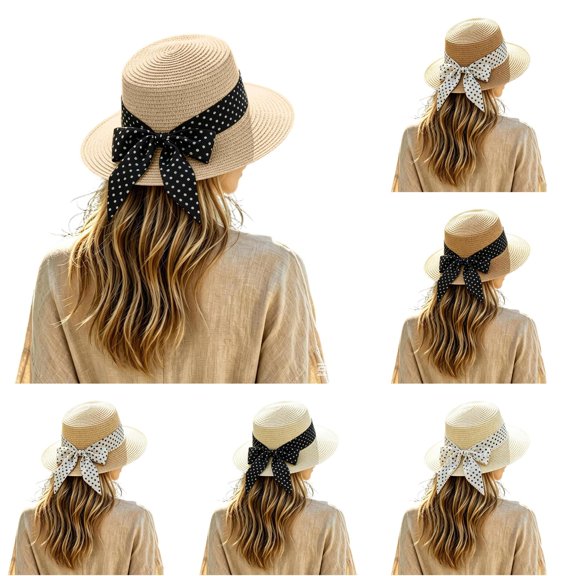XIAOCHA Womens Bow‑Pearl Straw Hat Solid Sun Hat Beach Wide‑Brim Hat,Coffee
