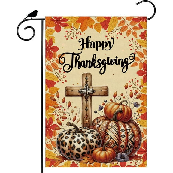 Happy Thanksgiving Christian Jesus Cross Fall Garden Flag 12.5x18 Double Sided Small Mini Yard Outdoor Outside Holiday Decoration