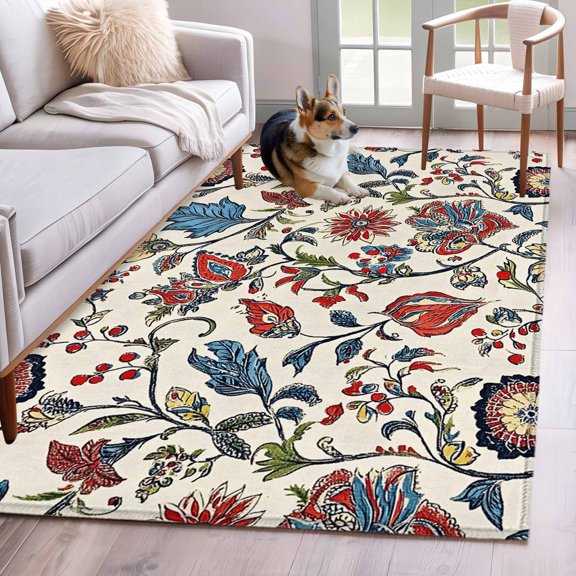 Boho Floral Area Rug 3x5 FT, Non Slip Entryway Bedside Carpet, Blue Red Flower Vintage Petals Branch Leaf Washable Soft Floor Carpet Indoor Mat Non-Shedding Throw Rugs for Dorm Kitchen Home Office