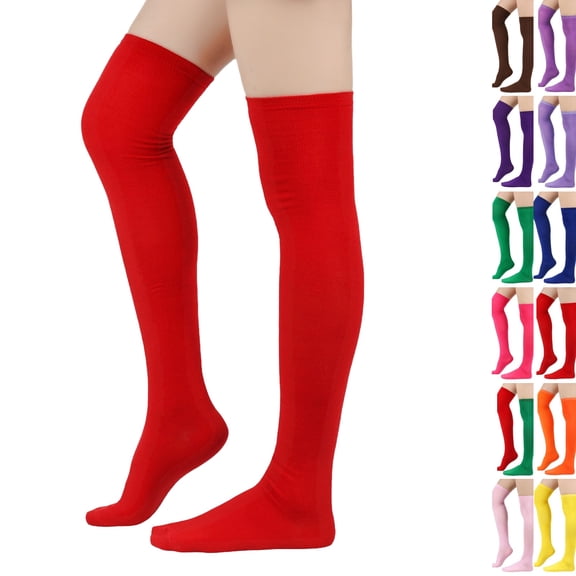 Solid Color Over The Knee Thigh High Socks, Halloween Costume Long Stockings for Women Party Dress Up Red