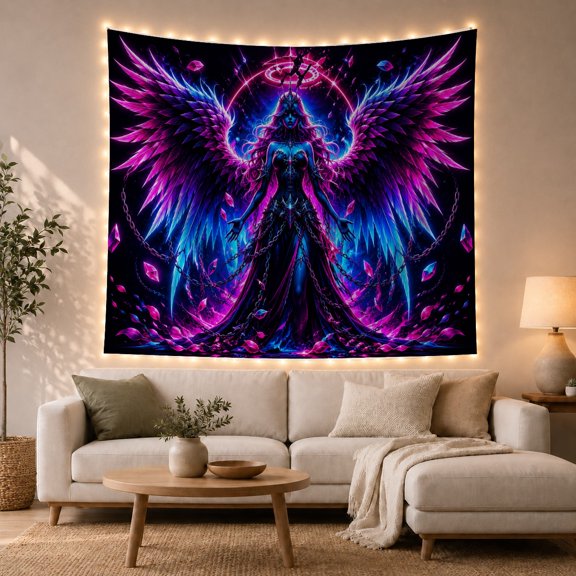 Dark Angel with Glowing Wings in Nebula Void, Mystical Fantasy for Dark Art Lovers, Ethereal Neon Artwork Halloween Gift Tapestry Wall Hanging for Bedroom and Living Room