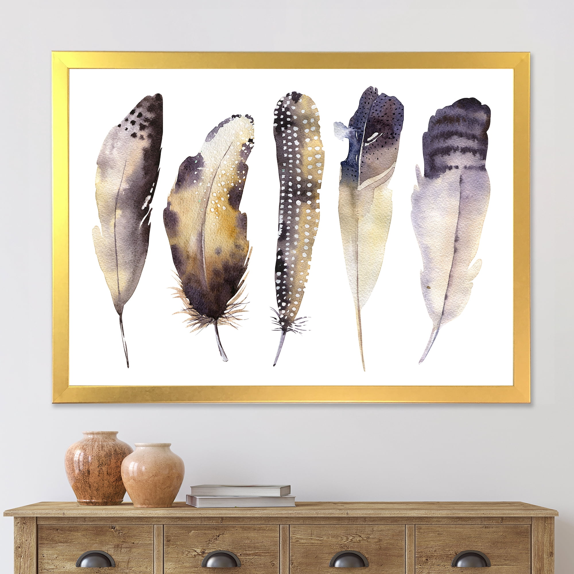 Designart 'Dark Gray Feathers Boho Ethnic I' Bohemian & Eclectic Framed Art Print