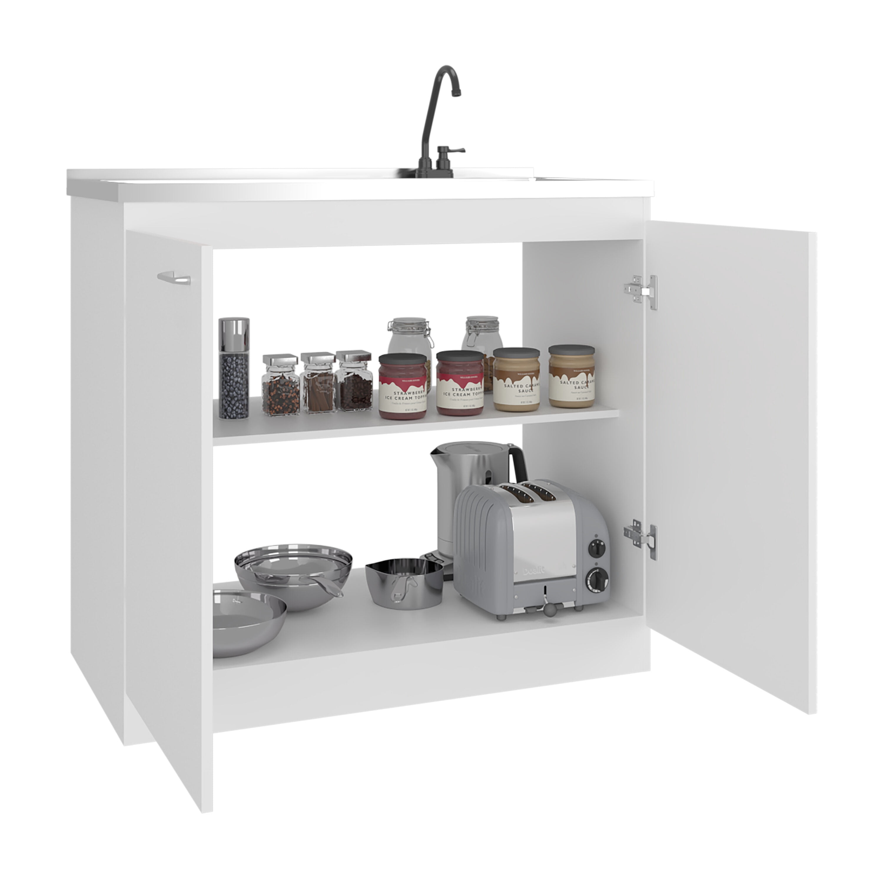 Undermount Kitchen Sink, Napoles Utility Sink with Faucet Inclued and Integrated Stainless Steel Counter top, Freestanding cabinet with two doors, Metal Handles and Two interior shelves, White