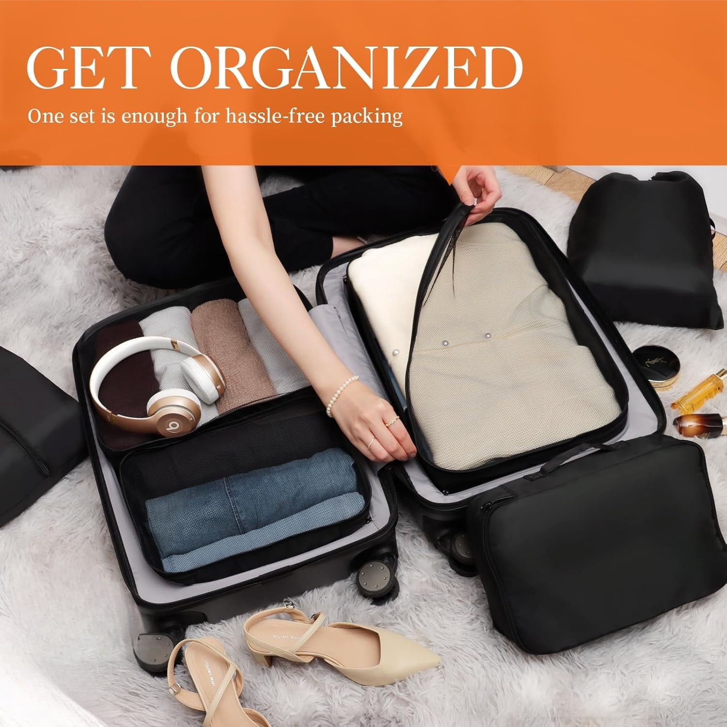 6-Piece Packing Cubes for Suitcases – Lightweight Travel Organizer Set, Space-Saving – 3 Mesh Bags + Shoe Bag + Drawstring + Underwear Bag – Black – 16.5"L x 12.6"W x 4.7"H