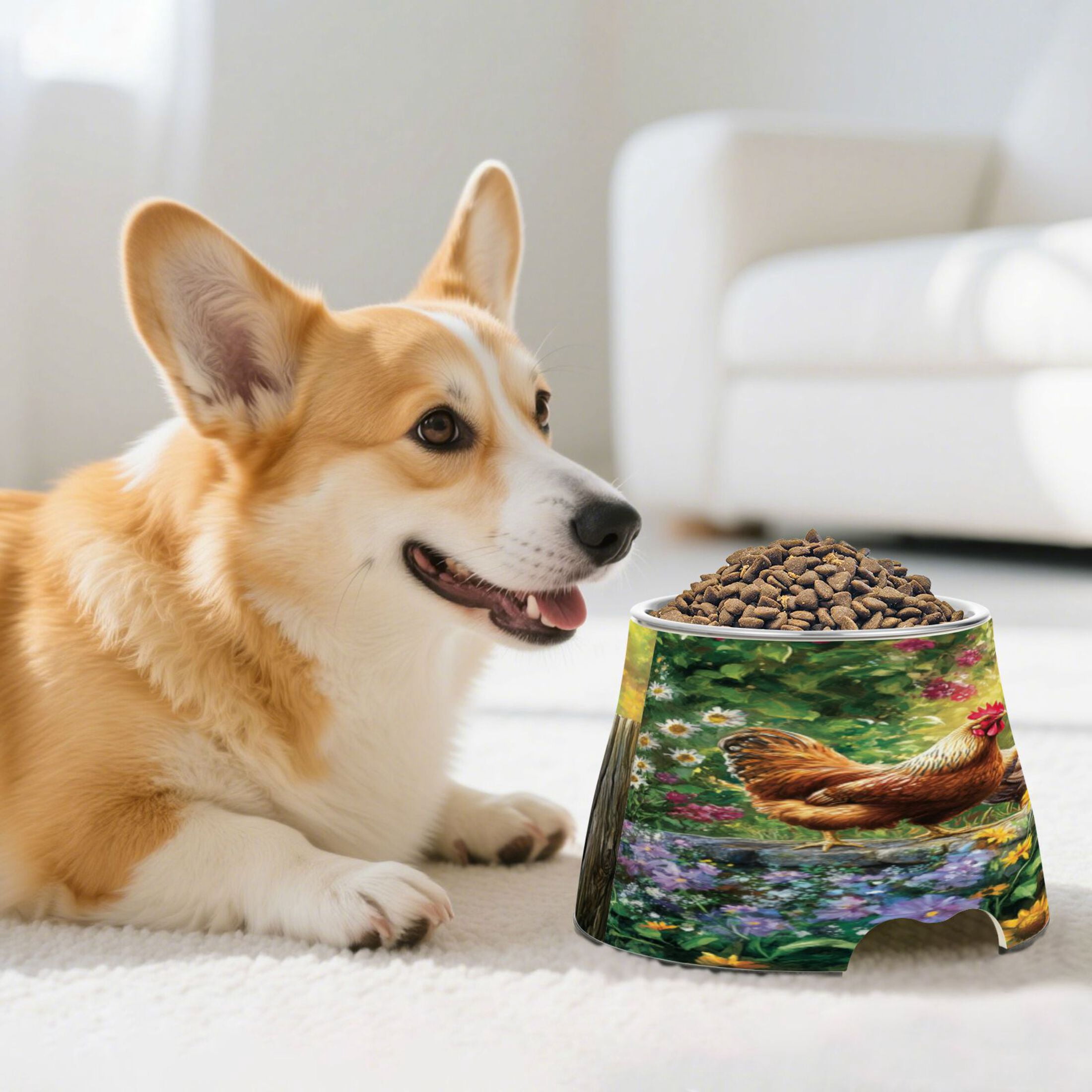 Raised Pet Bowl with Removable Stainless Steel Insert Anti-Slip No-Tip Dog Bowl for Small to Medium Pets Beautiful Rooster