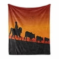 thumbnail image 1 of Cattle Soft Flannel Fleece Throw Blanket, Silhouette Farm Theme Cowboy Man Riding Horse Cow Herd in the Ranch, Cozy Plush for Indoor and Outdoor Use, 50" x 60", Vermilion Orange Black, by Ambesonne, 1 of 6