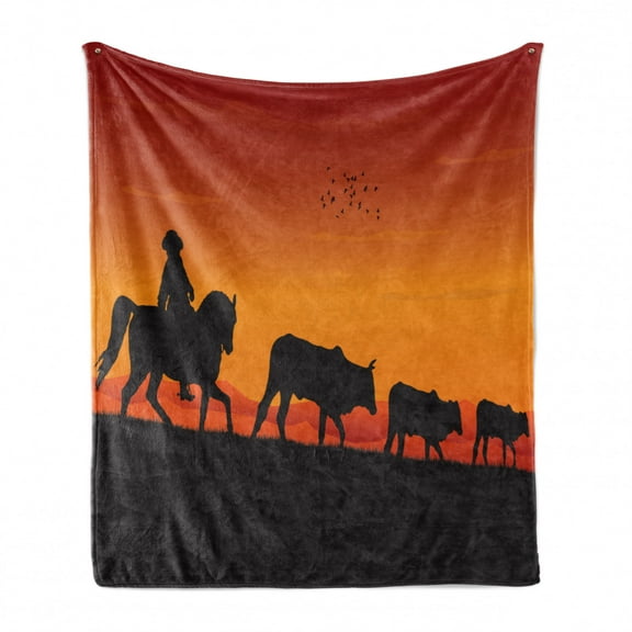 Cattle Soft Flannel Fleece Throw Blanket, Silhouette Farm Theme Cowboy Man Riding Horse Cow Herd in the Ranch, Cozy Plush for Indoor and Outdoor Use, 50" x 60", Vermilion Orange Black, by Ambesonne