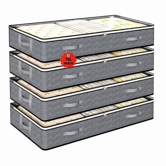 UNIWELL 4 Pack 75L Under Bed Storage Containers,Blanket Storage Bag with Reinforced Handles, Clear Lids Foldable Underbed Storage Bags for Blankets, Comforter, Bedding, Clothes