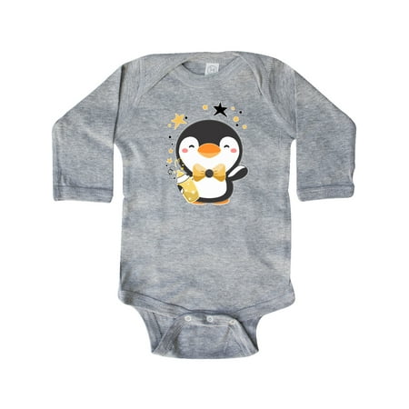 

Inktastic New Year s Baby Penguin in Bow Tie with Bottle Gift Baby Boy or Baby Girl Long Sleeve Bodysuit
