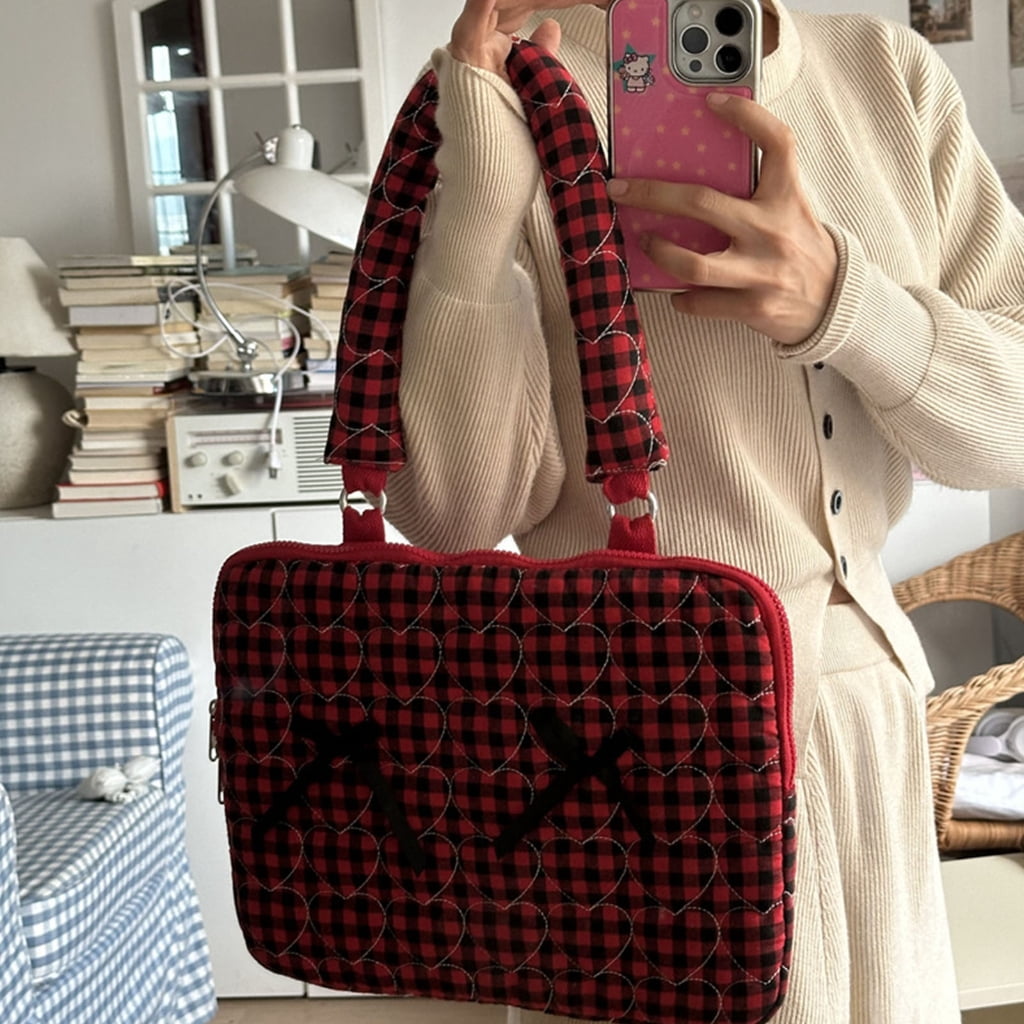 Computer Case Cloth Laptop Bag with Bows Design For Pad Tablets Travel Storage Case Checkered Shoulder Bag
