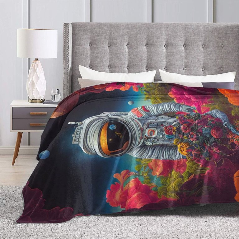 Flower Planet Astronaut Blanket, Fluffy Soft Cozy Blanket Flannel