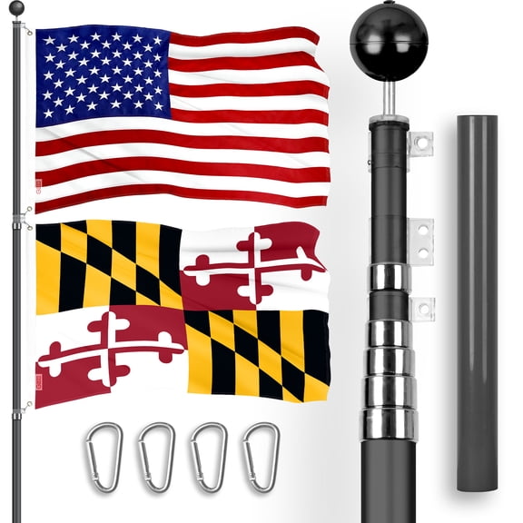 G128 Combo Pack: 25 Ft Telescoping Aluminum Flagpole (Black) & American and Maryland Flags 3x5 Ft, Both ToughWeave Series Embroidered Polyester | Pole with Flags Included