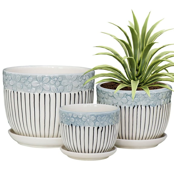Gray Flower Pots,Texture Planter for Indoor Plants Set of 3 Ceramic Flower Pots with Saucer,Cute Garden Pots Succulent Pots(3 Pack,Gray)