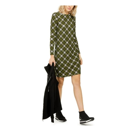 MICHAEL KORS Womens Green Plaid Long Sleeve Short Shift Dress Petites Size: PL