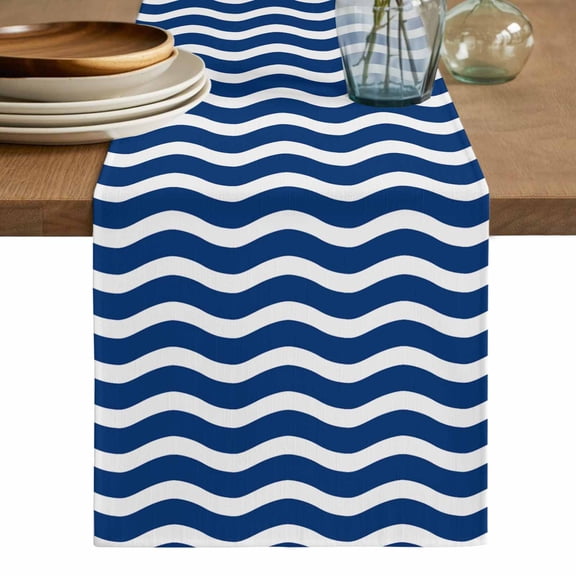 Navy Blue White Table Runner, Abstract Waves Water Ripple Striped Washable Cotton Linen Table Runners 90 Inches Long, Dresser Scarf Runner for Dining/Coffee/Kitchen/Hallway Tables 13''x90''