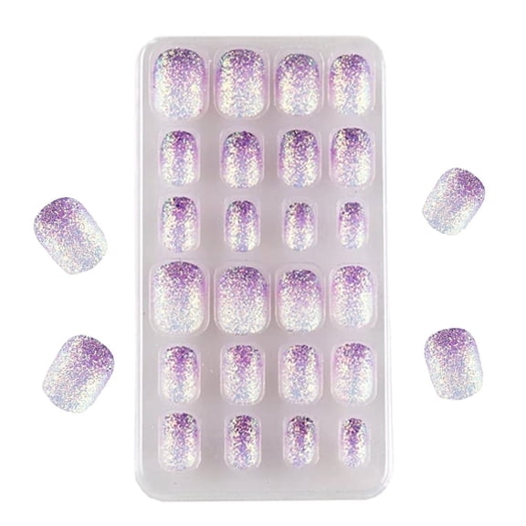 24 Pieces Kids Press on Nails Pre-glue Children False Nails Stick on Short Full Cover Artificial Fake Nails Glitter Acrylic Nail Tips for Little Girls Gift Nail Art Designs - Gradient purple