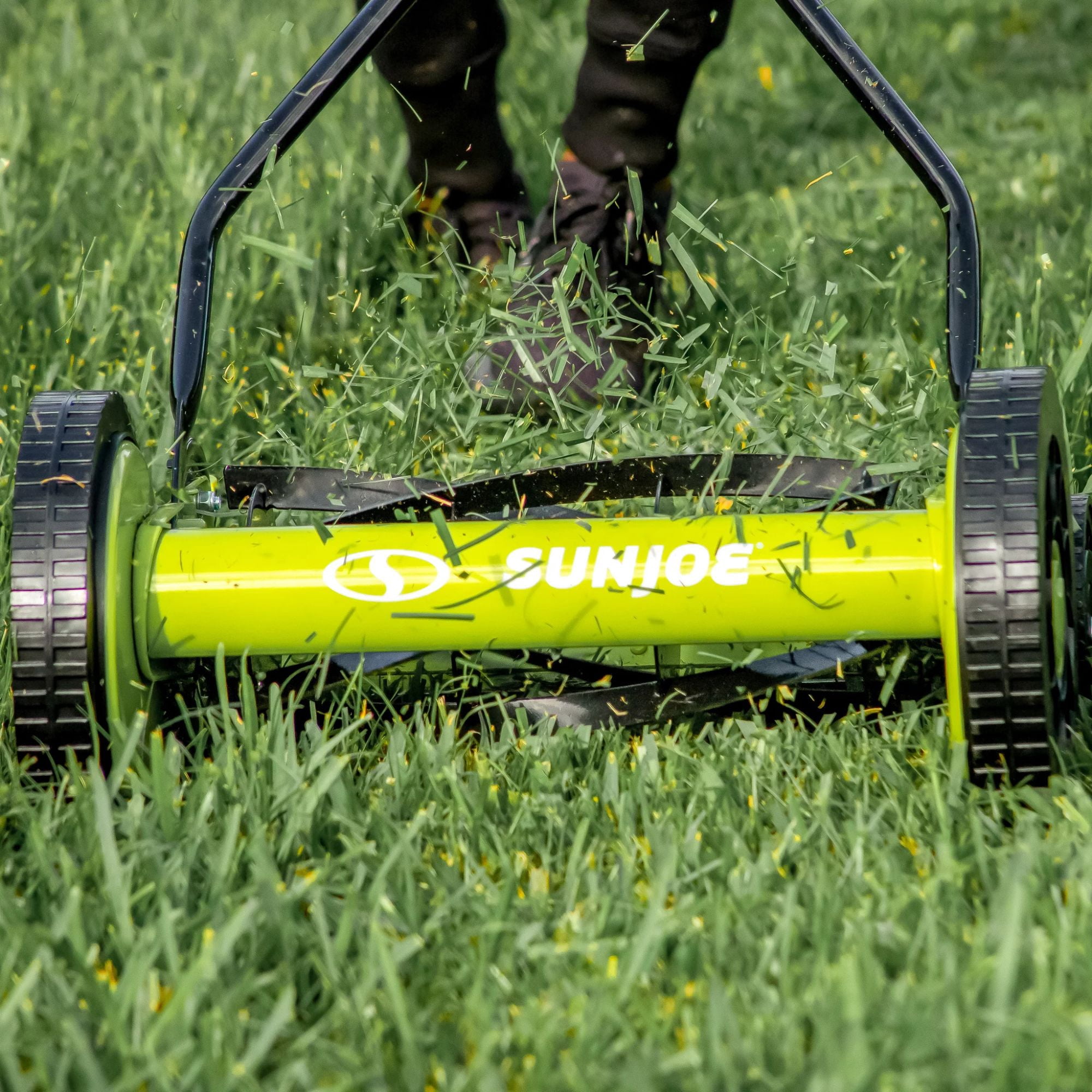 Sun Joe Manual Push Reel Lawn Mower with Quad Wheel, Adjustable Yard Grass Cutter, 14-Inch