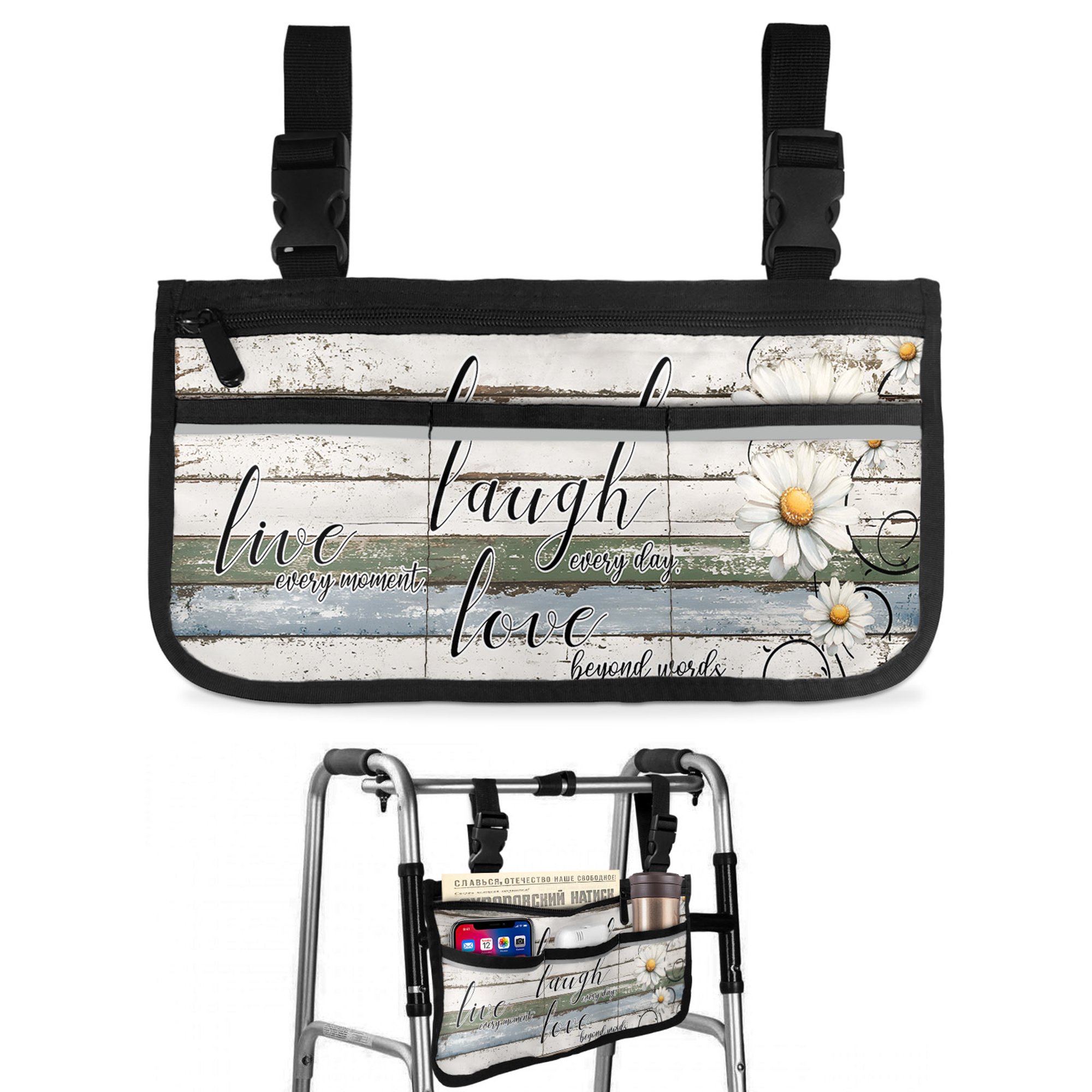White Green Blue Wheelchair Side Bag Walk Bag Basket, Vintage Wooden Rustic White Daisy Floral Wheelchair Accessories Armrest Pouch, Organizer Storage Bags for Walkers, Rollators, Scooters, 7.3"x13"