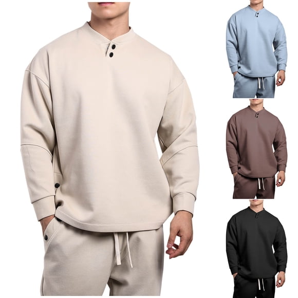 UVEASISHA Mens Button Up Sweatshirts Solid Color Henley Pullover Tops Drop Shoulder Long Sleeve Collarless Golf Shirts Fall Casual Streetwear Sales Today Clearance,Light Blue,3XL