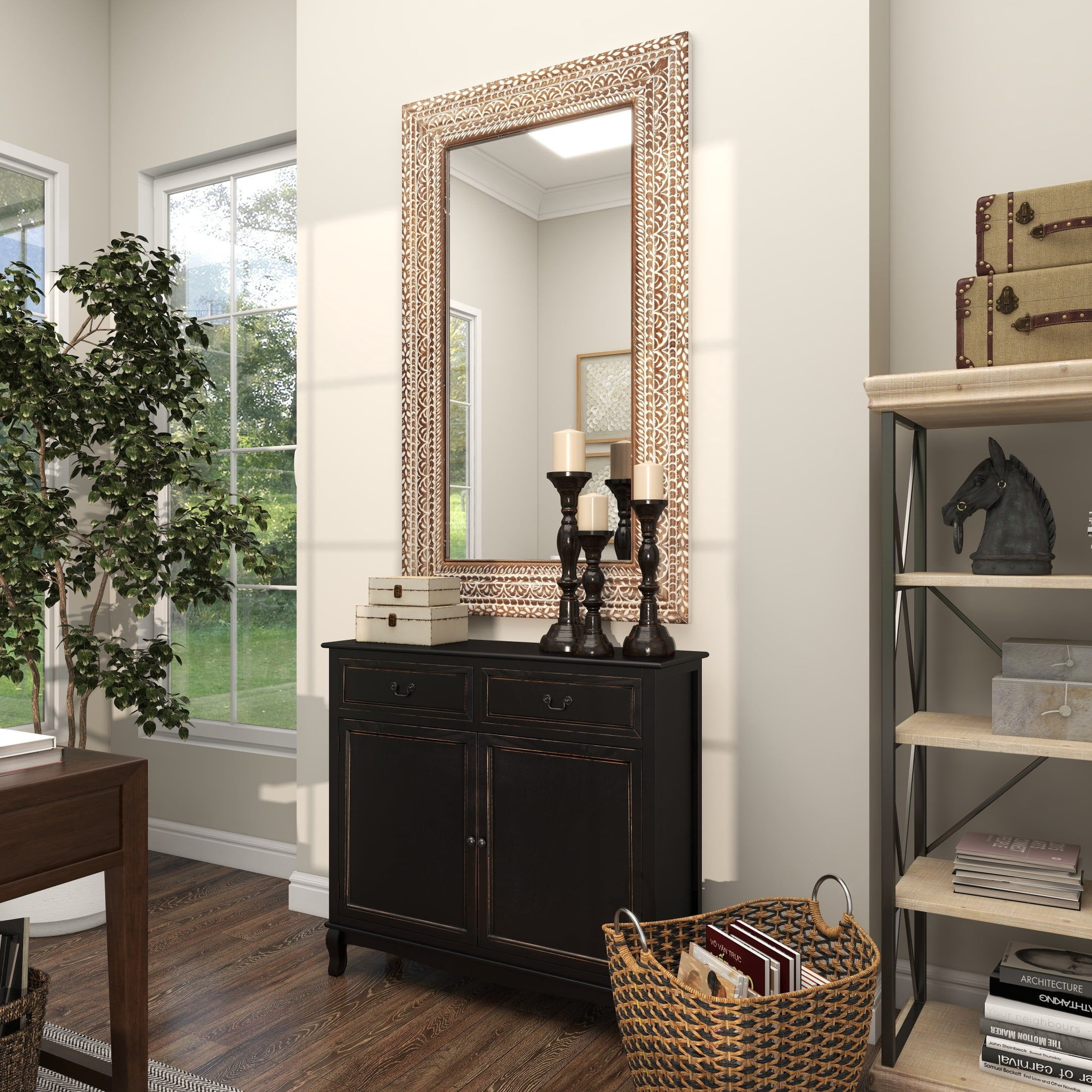 DecMode 36" x 59" Brown Floral Wall Mirror with Detailed Cream Carvings
