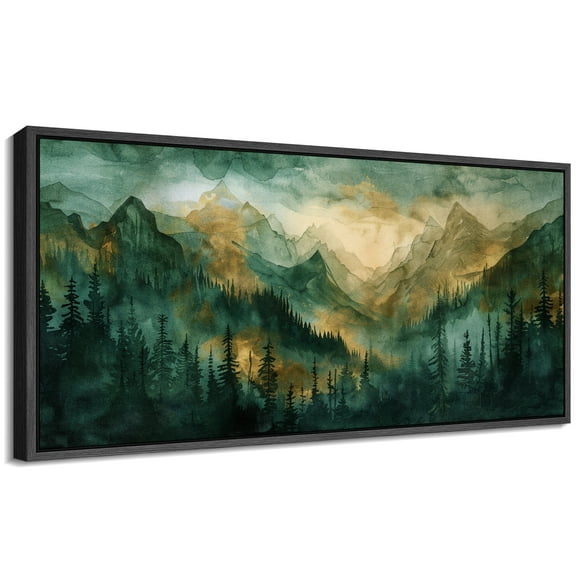 Large Framed Canvas Print Watercolor Misty Mountains - Green Forest LandscapeWall Art Decorative Ready to Hang Painting for Living room Bedroom 60x30 inches Black Frame
