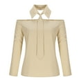 thumbnail image 5 of Lenpel Women's off the Shoulder Tops Long Sleeve Collared Tie Knot Dressy Casual Work Shirts Trendy Office Blouses(Khaki,X-Large), 5 of 7