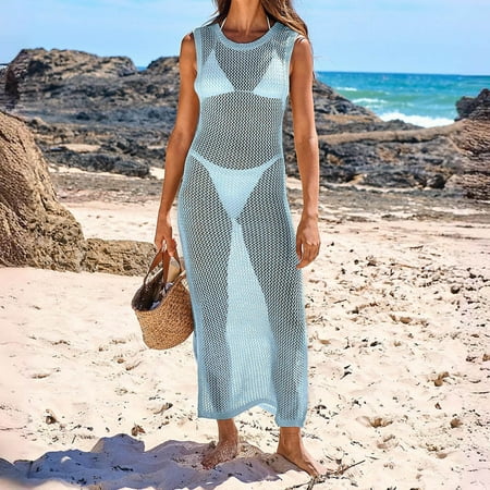 MSJUHEG Crochet Swimsuit Coverup for Women Cute Coverups Knit Beach Cover Up Women s Sleeveless Hollow Knit Bikini Swimsuit Mesh Cover Up Beach Cardigan Blue L