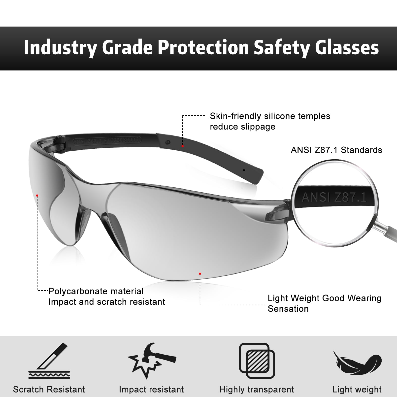 Salfboy 50 Packs Safety Glasses ANSI Z87.1 Safety Glasses Bulk with Scratch Resistant Glasses for Women Men Work Construction Science Lab Shooting