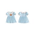 thumbnail image 2 of RUINIXCW Toddler Baby Girl Halloween Dress Outfit Kids Baby Girl Summer Fall Dress Clothes Pumpkin Ghost Letter Embroidery Doll Collar Short Sleeve Striped Dress, 2 of 9