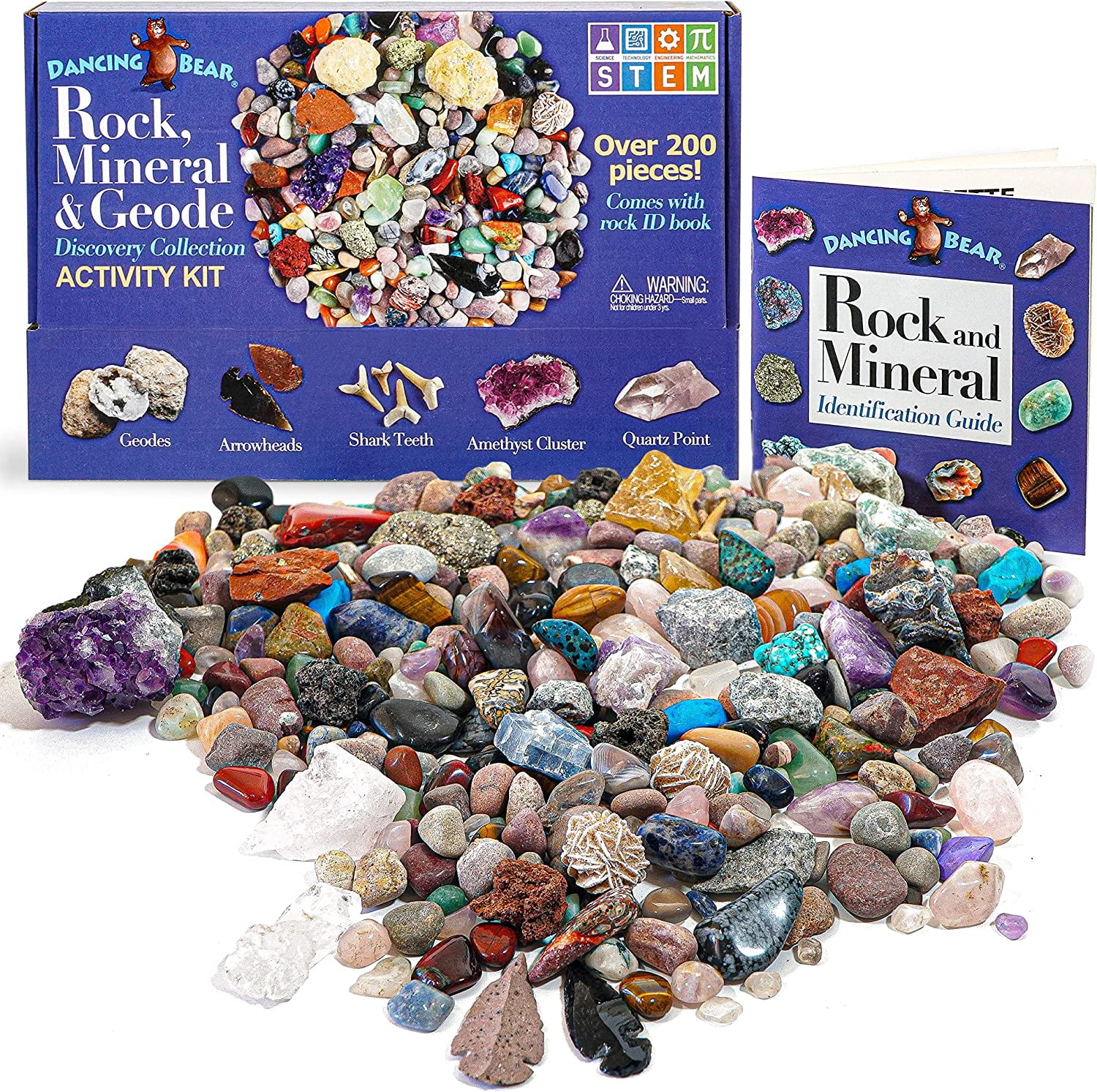 Mineral & Fossil Collection Activity Kit with ID Sheet & Rock Book Shark’s Tooth in Matrix Dancing Bear Rock Plus Ammonite Fossilized Poo 2 Geodes & Arrowheads, Over 125 pcs and NO Gravel Brand 