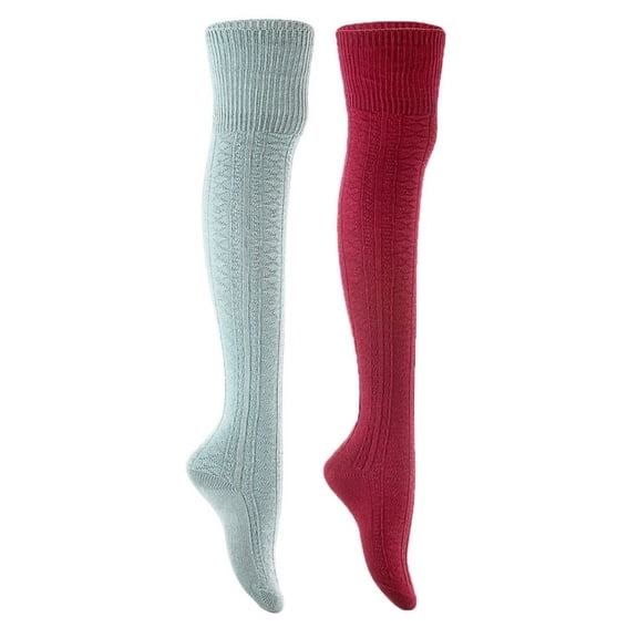 Lian Style Women's 2 Pairs Long Lasting, Colorful and Fancy Thigh High Over the Knee High Cotton Socks JMYP1025 Size 6-9 Sky Blue, Wine