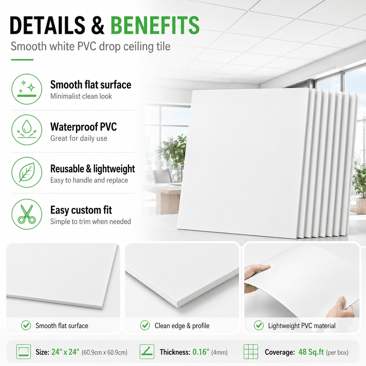Yeslife 12-Pack 2ft x 2ft PVC Drop Ceiling Tiles, White, Waterproof Reusable Planks for Home Office, 48 sq ft Cover