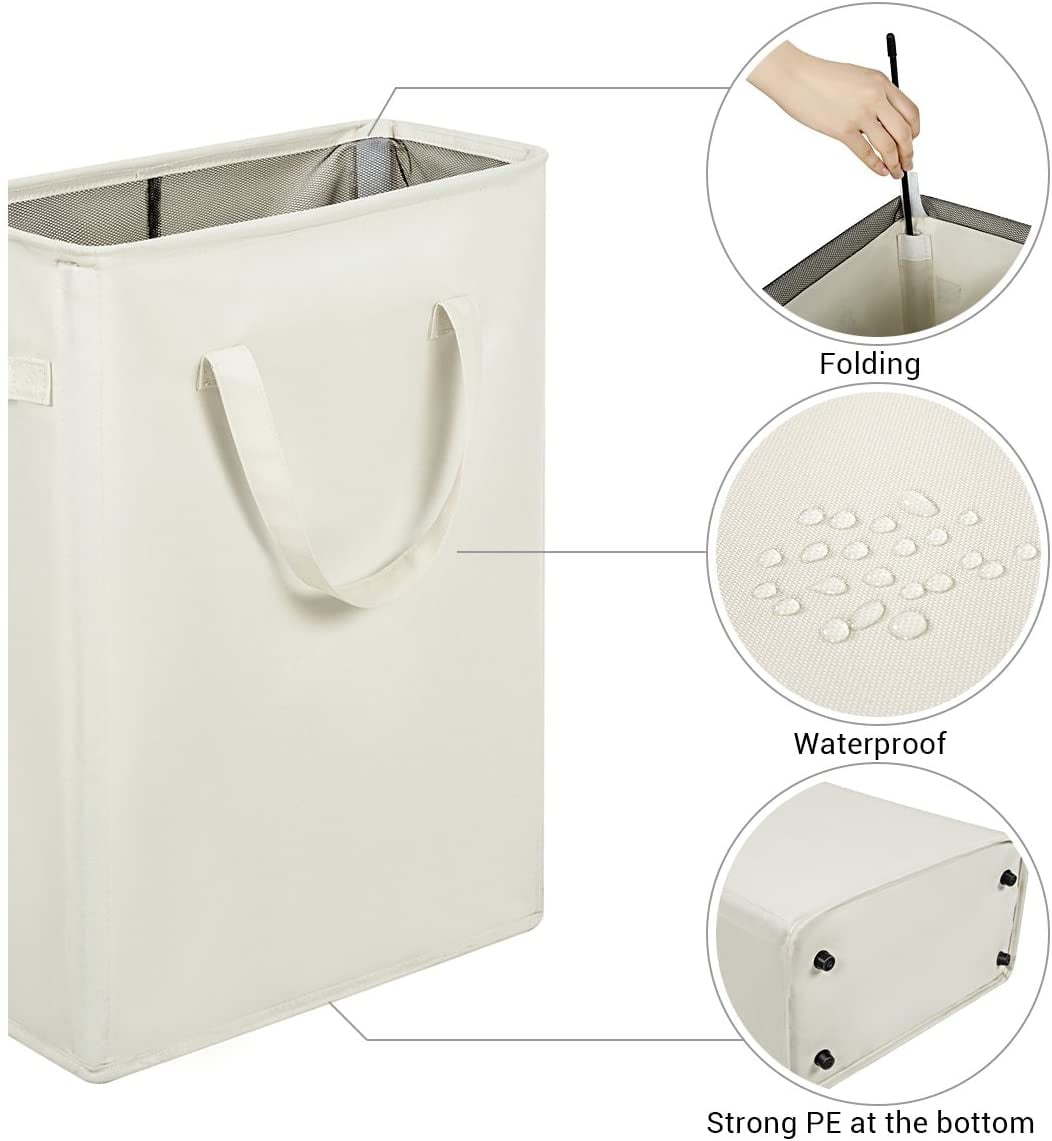ZERO JET LAG Slim Laundry Hamper Handles Collapsible Laundry Basket Thin Dirty Clothes Basket Narrow Laundry Bag Foldable Dirty Hamper 45L (21 inches,Beige)
