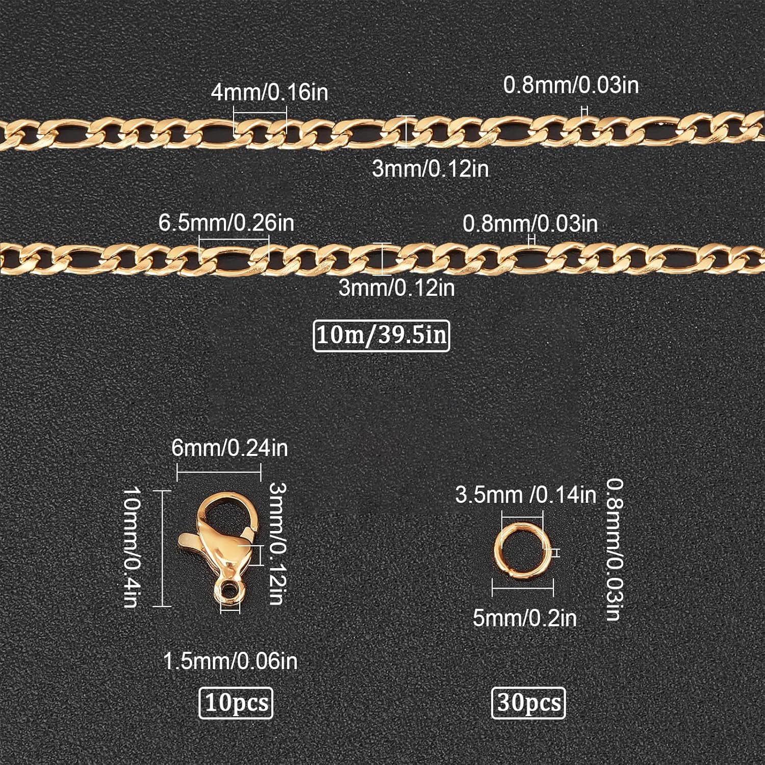 DIY 10M 32.8 Feet 3MM Gold Chain Roll Figaro Chains Stainless Steel Cable Chain Necklace Chains with Jump Rings Lobster Clasps for Women Adults Jewelry Making Kits Necklaces Bracelets Craft 1bag