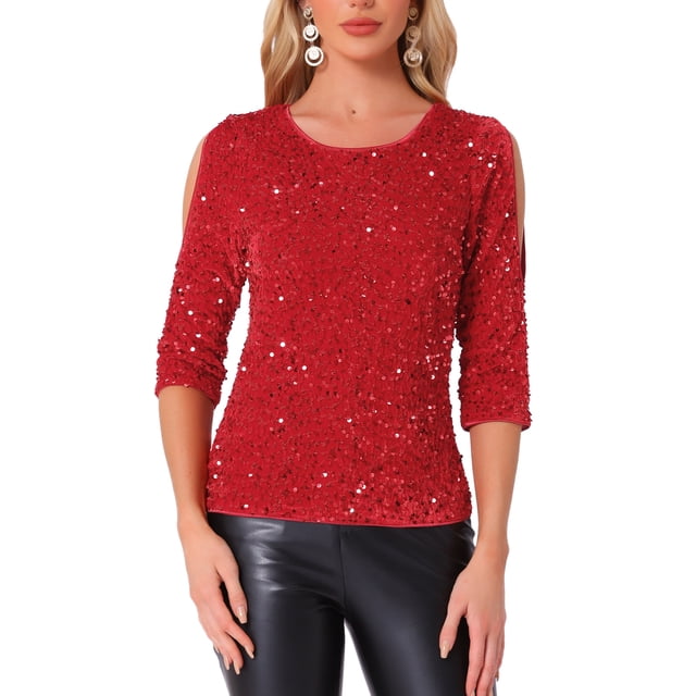 INSPIRAR CHIC Blusas de terciopelo con lentejuelas para mujeres, con corte, de media manga, para fiestas, clubes y vacaciones, color rojo M