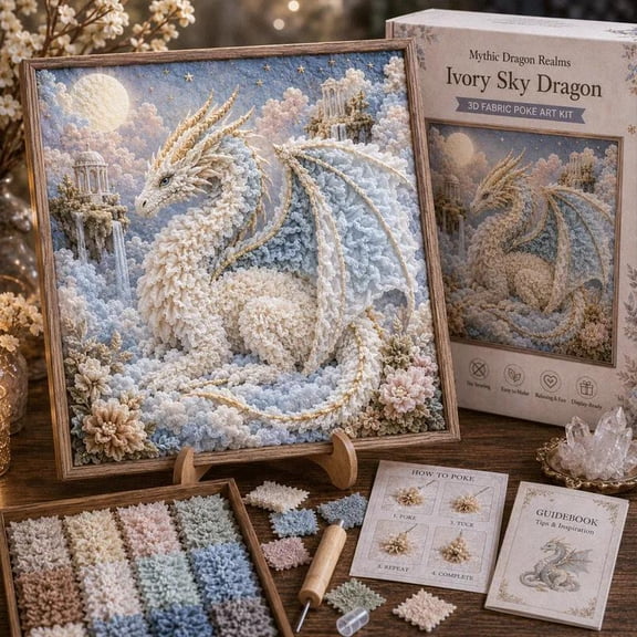 Mythic Dragon Realms 3D Fabric Poke Art Kit, Fantasy Dragon Themed No‑Sew DIY Craft Set, Includes Pre‑Cut Fabric Squares, Poking Tool, Wooden Display Stand for Adults Crafting
