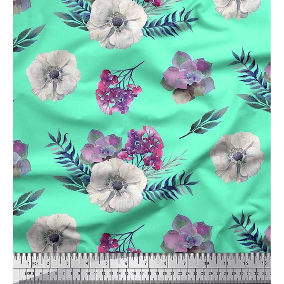 Soimoi Satin Silk Fabric Leaves,Succulent & Anemone Flower Print Sewing Fabric Yard 42 Inch Wide