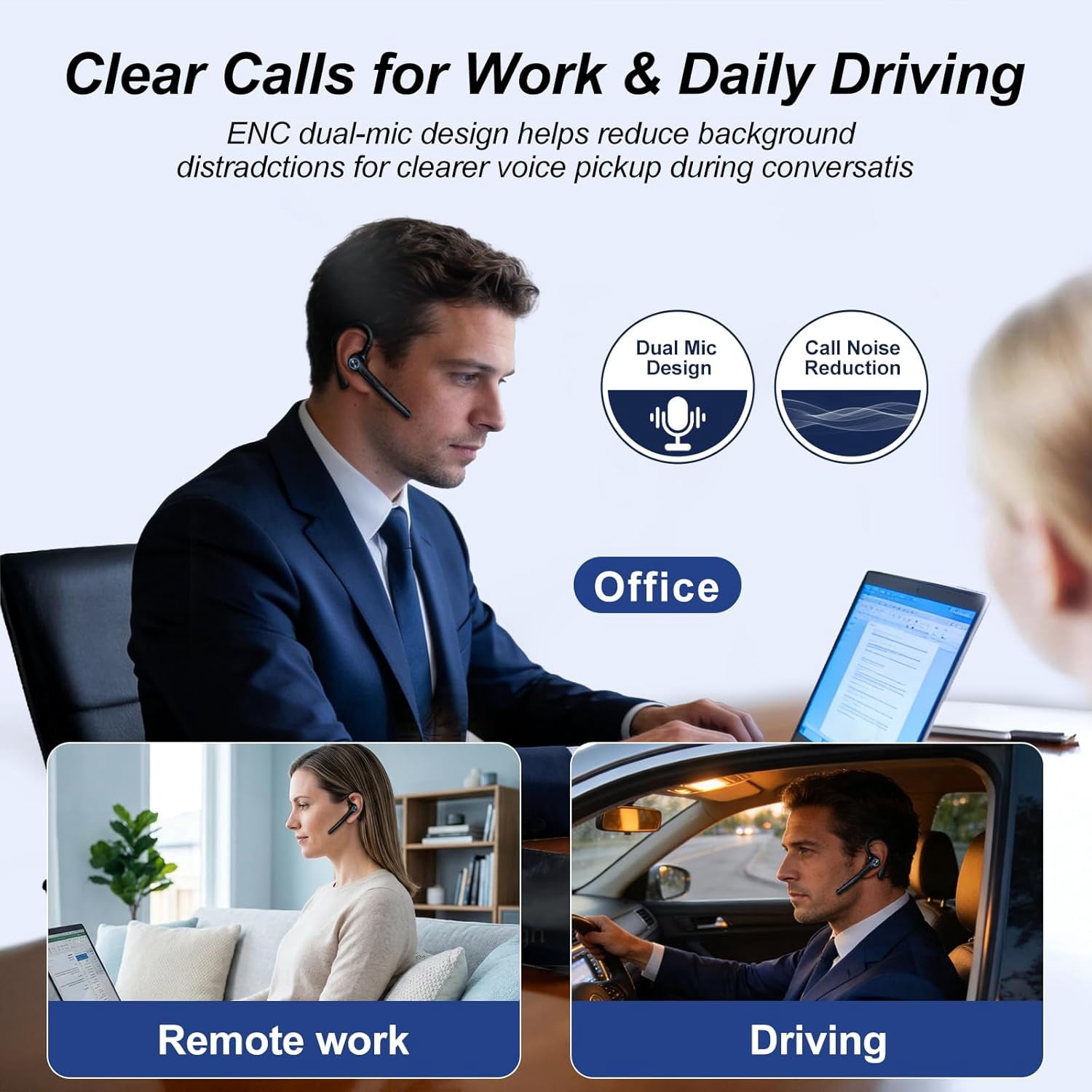 Bluetooth Headset with Microphone, Bluetooth Earpiece for Work, Wireless Headset with Mic, 15H Talk Time, 500mAh Charging Case, Bluetooth 5.3, LED Display for Office, Laptop, Phone, Driving