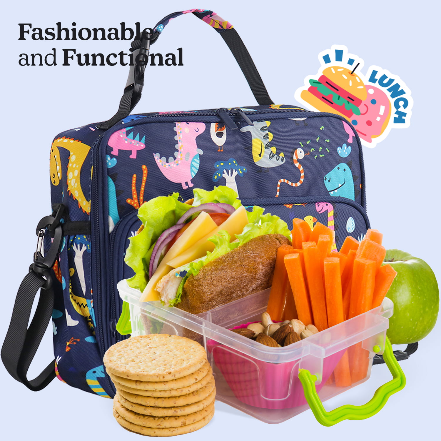 PrelerDIY Surfing Dinosaur Lunch Box Insulated Meal Bag Lunch Bag Food Container for Boys Girls School Travel Picnic