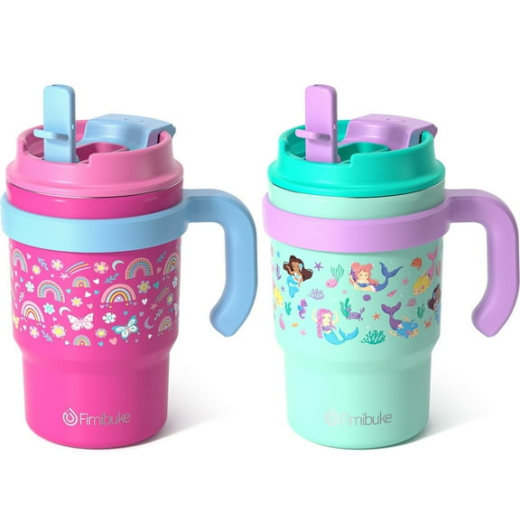 2 Pack Kids Insulated Tumbler with Handle & Straw, 16oz Kids Water Bottle Drinking Cups Travel Mugs for Boys Girls, Rainbow & Mermaid